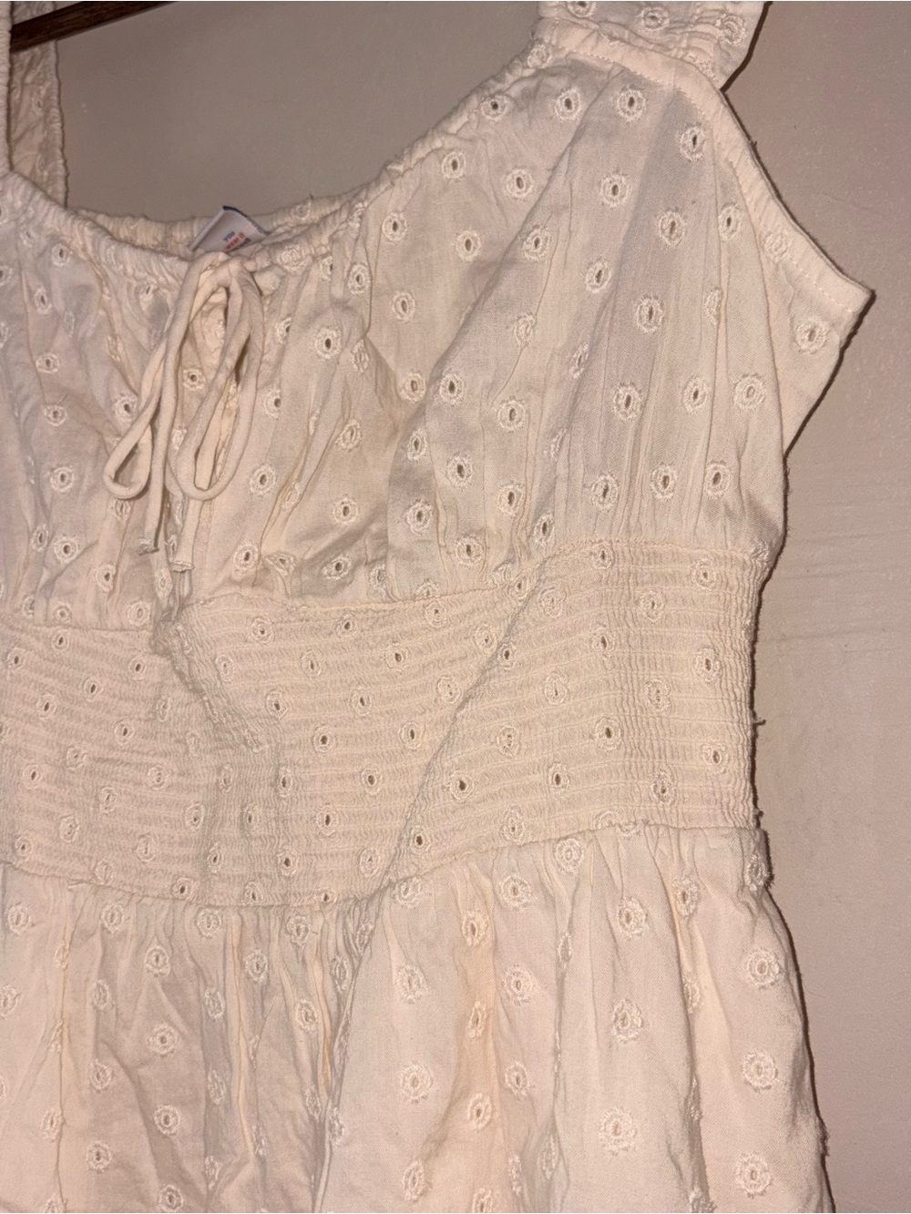 Old Navy Cream Eyelet Dress Small Smocked Milkmaid Ruffle Cottagecore Mini - Picture 2 of 4